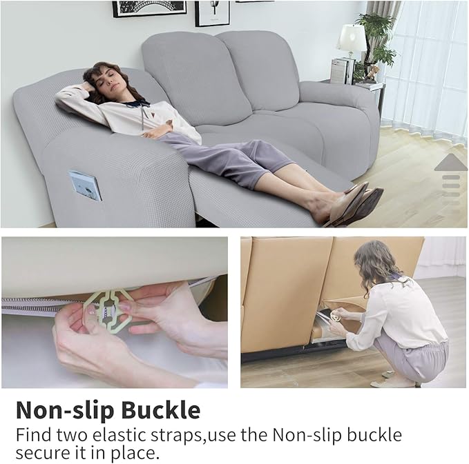 Easy-Going 8 Pieces Recliner Sofa Stretch Sofa Slipcover Sofa Cover Furniture Protector Couch Soft with Elastic Bottom Kids, Spandex Jacquard Fabric Small Checks Silver Gray