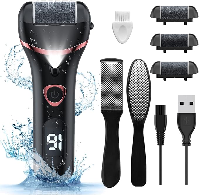 Electric Foot Callus Remover, Rechargeable Portable Electronic Foot File Pedicure Kits, Waterproof Foot Scrubber File, Professional Pedicure Tools, Foot Care for Dead Skin Ideal Gift, 3 Rollers