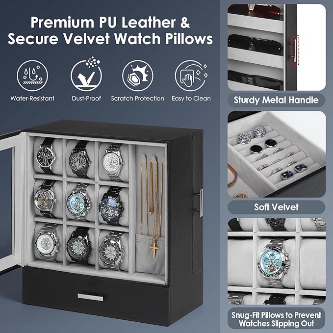 9-Slot Watch Display Case with Necklace Display, High End Men Jewelry Box w/ Drawer, Standing Watch Box for Men w/ Clear Lid, Watch Case for Sunglasses, Vertical Storage, Space Saving, Ideal Gift