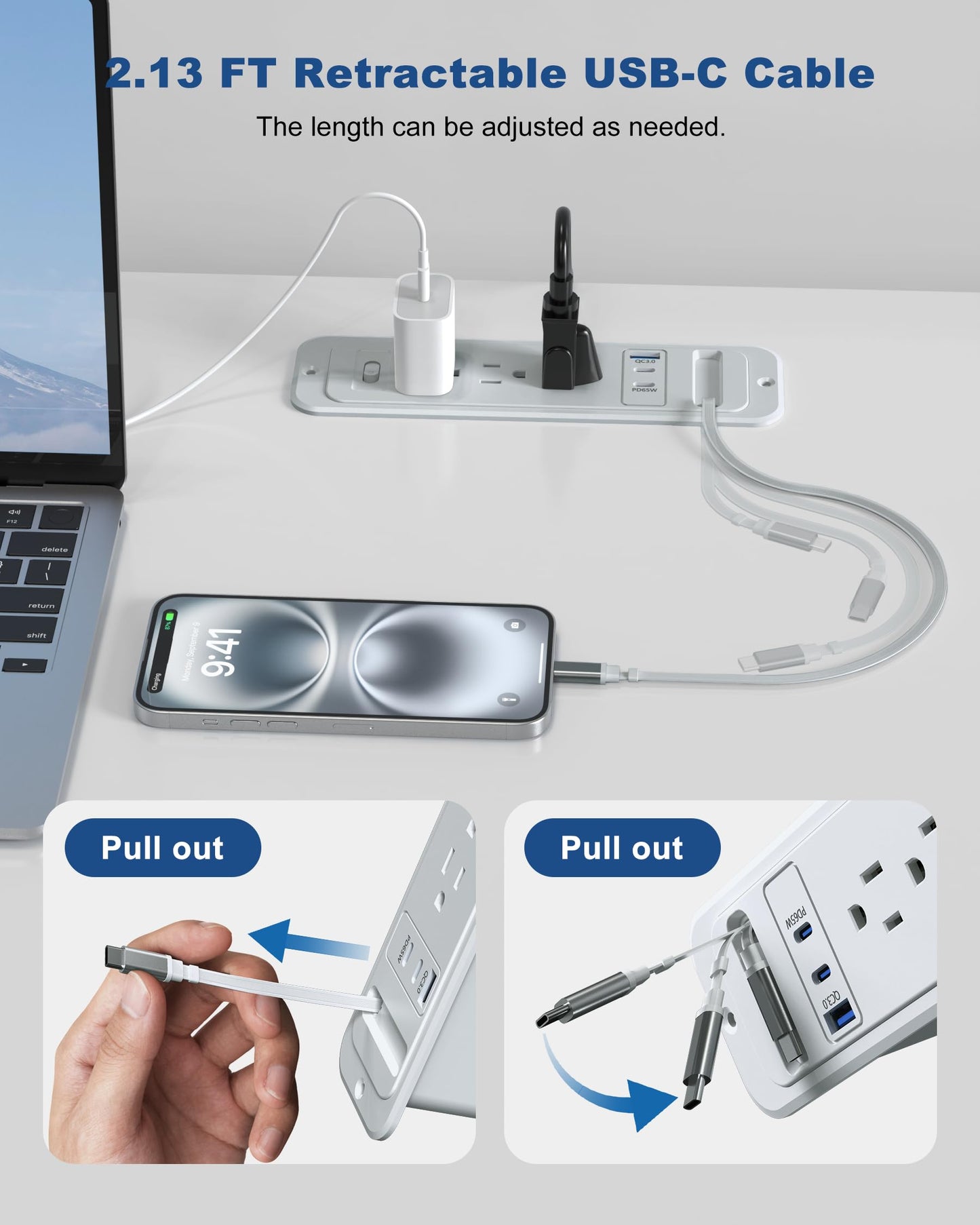 Recessed Power Strip with Retractable USB C Cable,2 PD 65W USB C Fast Charging,Flush Mount Countertop Drawer Outlet, Furniture Hidden Outlet for Side Table,End Table,3 Outlets (Grey, 6FT-65W)