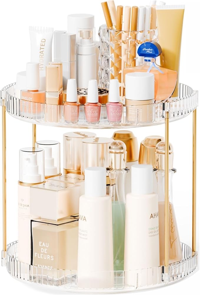 Yieach Acrylic 360 Rotating Makeup Organizer and Perfume Organizer,2 Tier Make Up Holder and Acrylic Skincare Organizers for Countertop,Vanity,Bathroom,Clear Spinning Beauty Organizer for Face Product