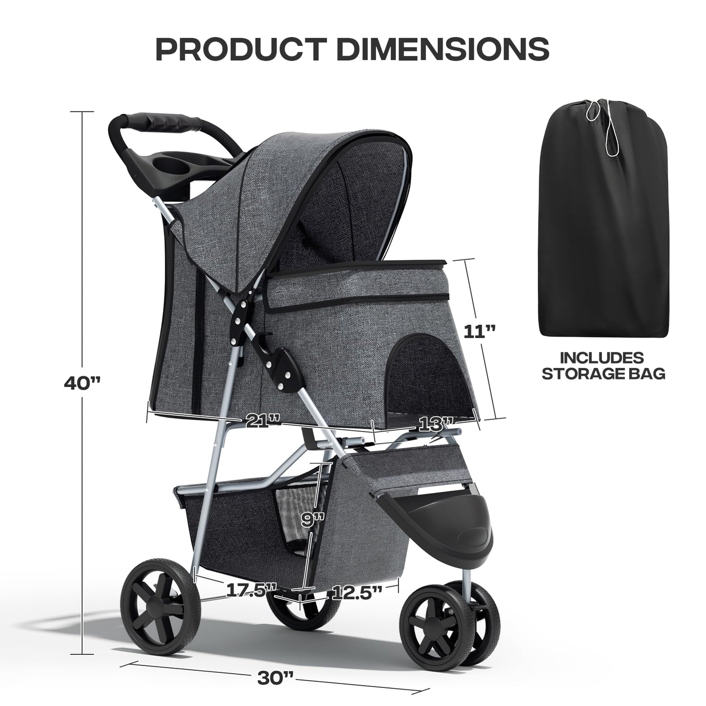 Pet Stroller for Small Dogs 10 lbs, Dog Stroller for Medium Dogs 30 lbs, Cat Strollers for 2 Cats, 3 Wheels Foldable Jogger Puppy Stroller with Storage Basket and Cup Holder, Grey