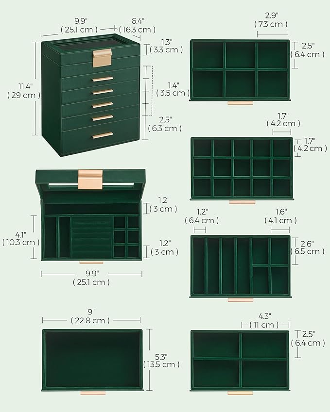 SONGMICS GISELLA Collection - Jewelry Box Organizer, 6-Layer Jewelry Storage with 5 Drawers, Shiny Metal Hardware, Glass Lid, Modern, 6.4 x 9.9 x 11.4 Inches, Forest Green and Gold Color UJBC171C01
