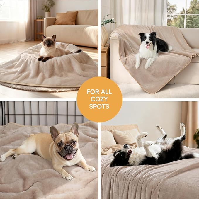 Luciphia Waterproof Pet Blanket, Liquid Pee Proof Dog Blanket for Sofa Bed Couch, Reversible Sherpa Fleece Furniture Protector Cover for Small Medium Large Dogs Cats, Khaki+Beige X-Large（85" x 57"）