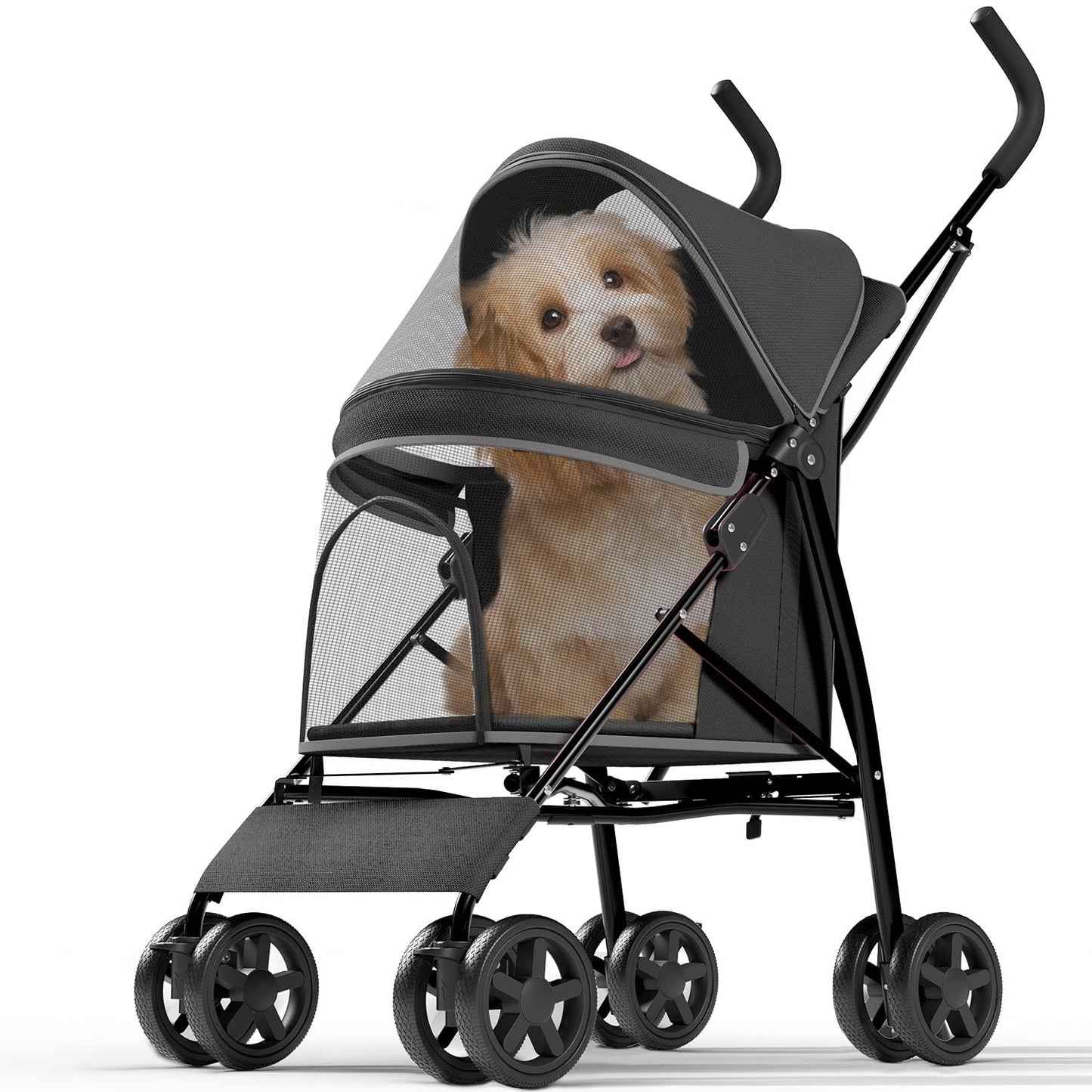 OS MOTOR Pet Stroller with 4 Wheels for Small/Medium Pets, Portable Travel Foldable Carrier Jogger for Dog Cat Puppy Kitty, Rear Wheel Breaks, Storage Basket, Visible Mesh with Weather Cover (Black)