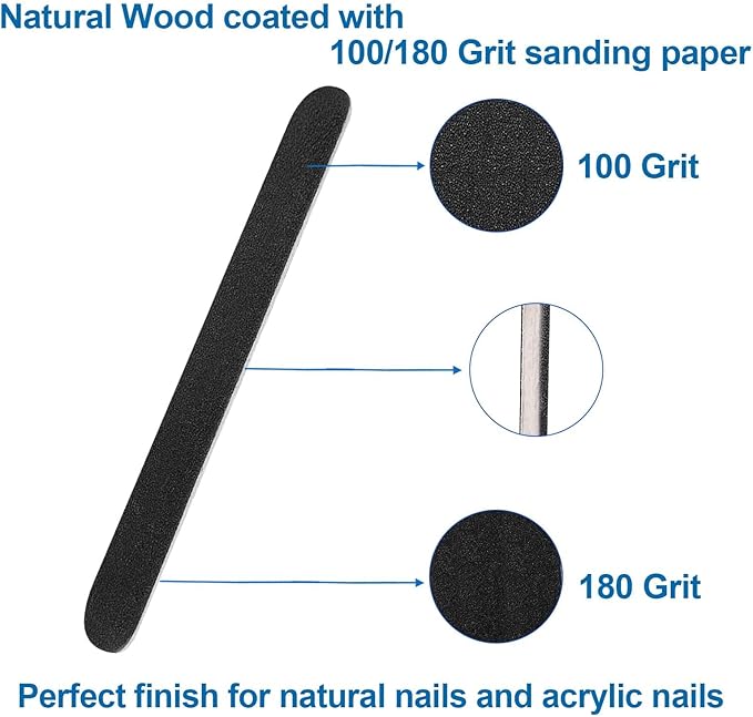 Emery Board Nail Files (100 Pack), 100/180 Grit Wooden Nail File for Natural Nails, 7 Inches Emory Filers Manicure Tool Set Disposable Nail File for Home Salon Black