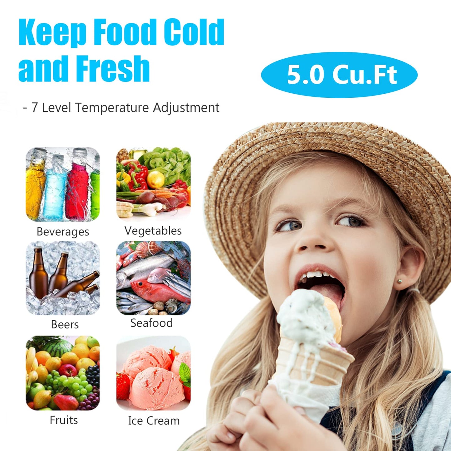 Chest Freezer 5.0 Cu.Ft Black Compact Freezer, Manual Defrost Deep Freezer with Storage Basket, Space-Saving Flat Back, Stay-Open Lid, Side-Access Drain for Home Basement Cottage Business