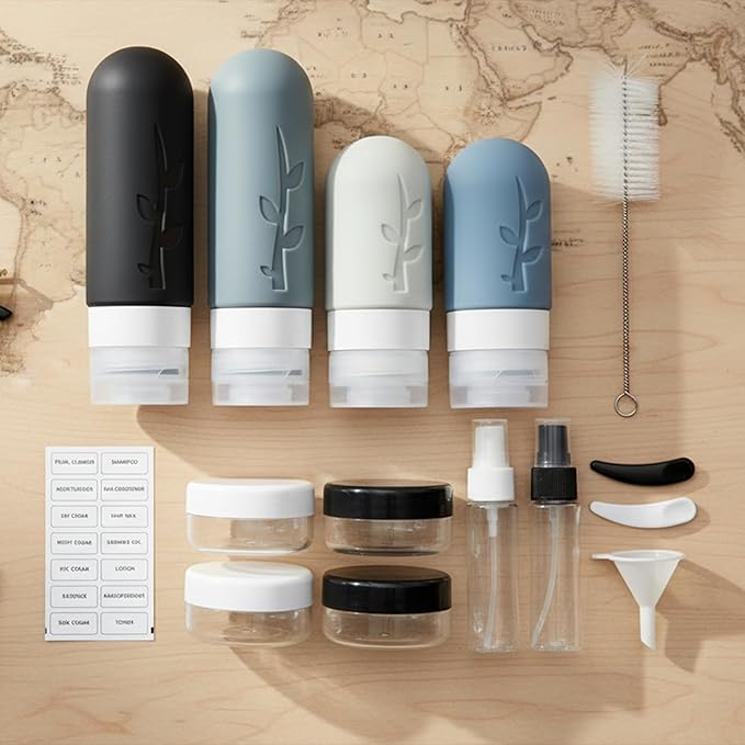 Travel Bottles Kit (16 Pack) - TSA Approved, Leak Proof Silicone Squeezable Containers for Toiletries. Complete Set with Jars, Sprayers & Bag (Black)