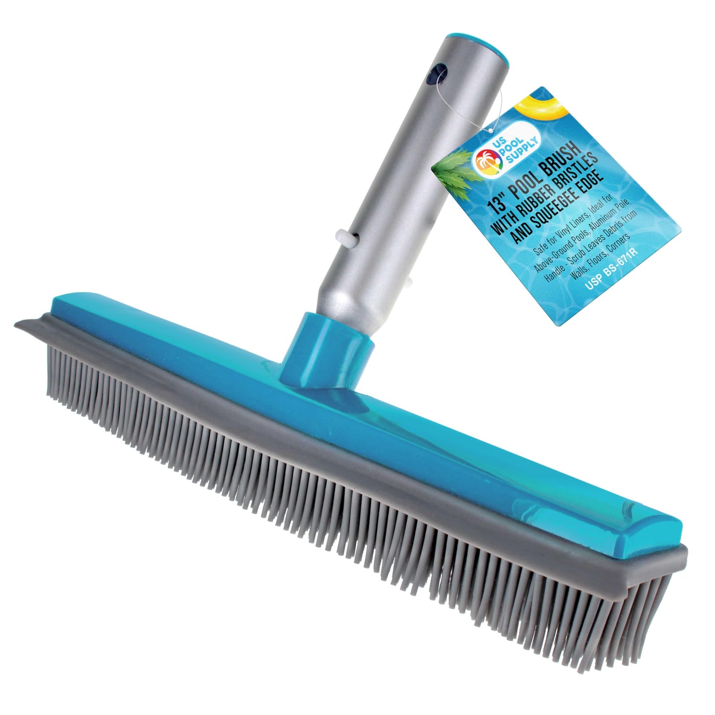 U.S. Pool Supply 13" Pool Brush with Rubber Bristles and Squeegee Edge - Safe for Vinyl Liners, Ideal for Above-Ground Pools, Aluminum Pole Handle - Scrub Leaves Debris from Walls, Floors, Corners