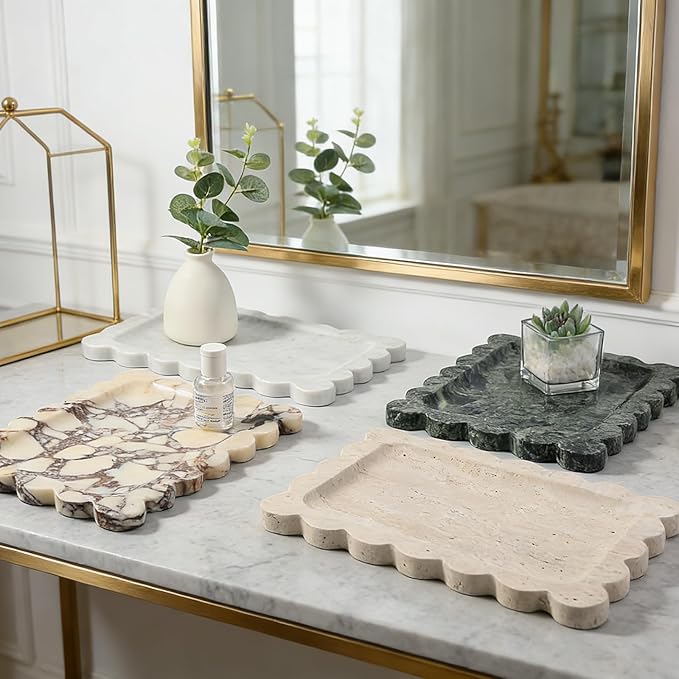 Koville Luxury Calacatta Viola Marble Tray, 11"x8" Scalloped Marble Vanity Tray for Countertop Bathroom Kitchen Dresser, Natural Stone Tray for Jewelry Perfume Home Decor, Decorative Catchall Tray