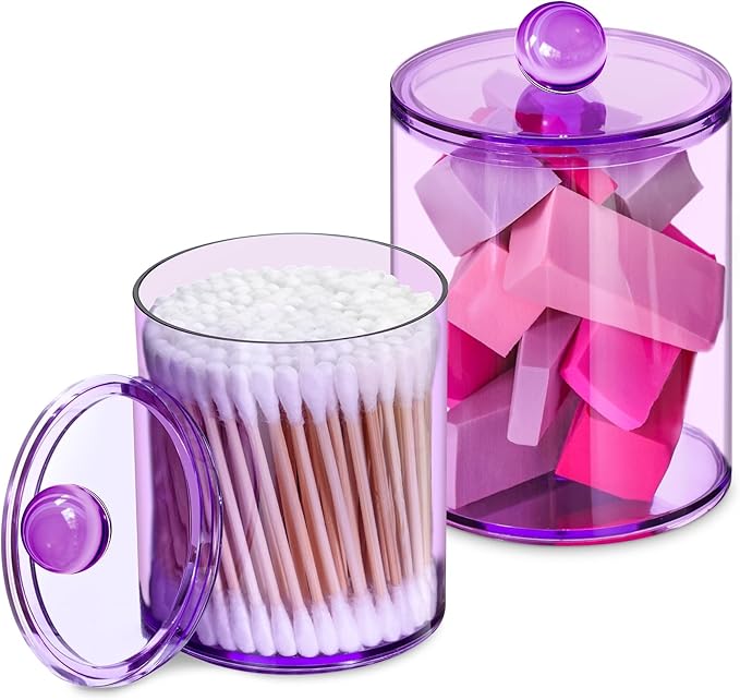 XIPENGKEJI 2 Pack Qtip Holder,Canister Apothecary Jar Set, Bathroom Jars with Lids Set for Cotton Swabs, Balls, Pads, Floss Picks,10oz-12oz Plastic Canisters Restroom Bedroom Vanity Organizer(Purple)