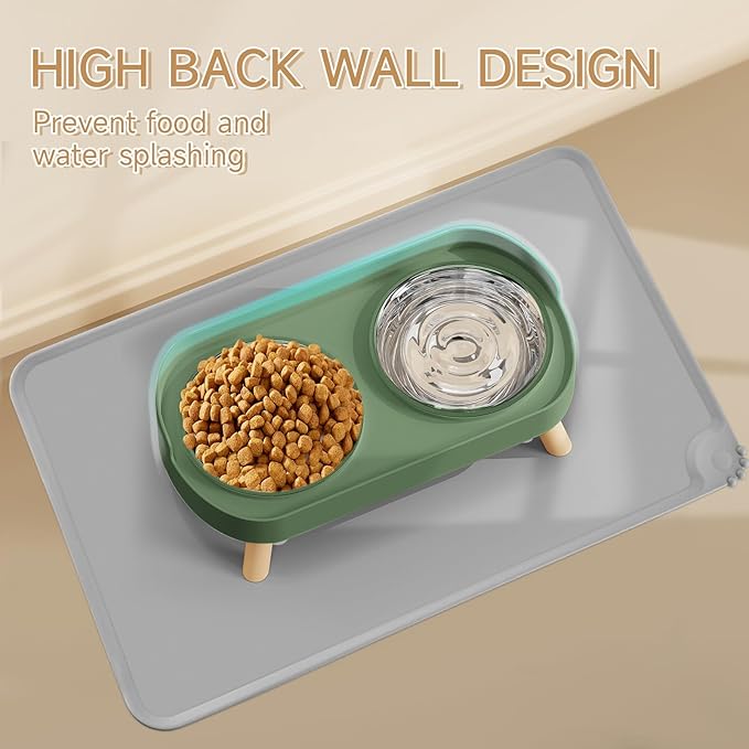 Elevated Cat Bowl with Food Mat, Raised Cat Food and Water Bowl Set for Indoor Cats, Splash Proof with 2 Stainless Steel Pet Food Bowls for Cats and Puppies,Whisker Fatigue and Dishwasher Safe (Green)