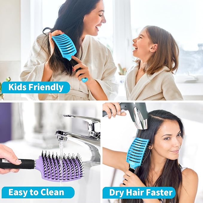 HIPPIH 2 Pack Boar Bristle Hair Brush, Wet & Dry No Pull Curved Vented Hair Brush, Styling Magical Brush Detangler for Kids & Men, Hairbrush for Women Can Adds Shine & Smooth Curly Thick Hair
