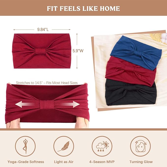 Awumbuk Wide Headbands for Women Knotted No Slip Head Bands Soft Turban Headband Hair Accessories Boho African Solid Color Head Wraps for Women Yoga Workout Pack of 6 (Fashion)