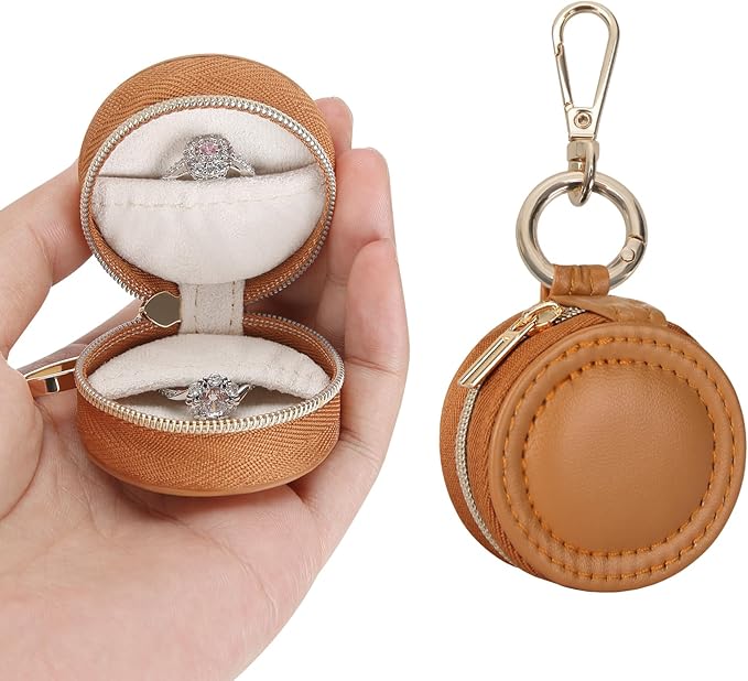 Jewelry Ring Holder Box with Keychain, Portable Gym Jewelry Storage Box Case, Small Travel Ring Earring Stud Necklace Storage Case (Brown)