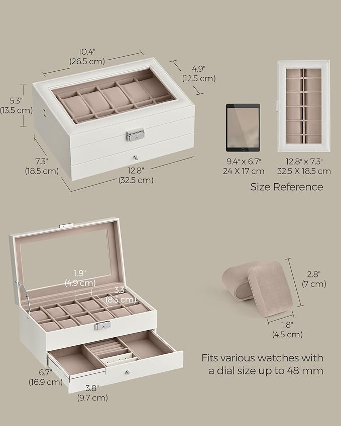 SONGMICS Watch Box, 12-Slot Watch Case Organizer with Large Glass Lid, 2 Layers, Removable Pillows, Metal Lock, Gift for Loved Ones, Cloud White Synthetic Leather, Cappuccino Beige Lining UJWB012W01