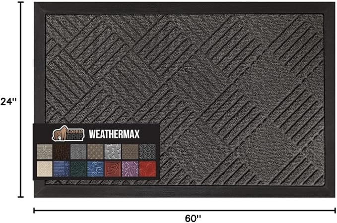 GORILLA GRIP 100% Waterproof All-Season WeatherMax Doormat, 60x24, US Designed Natural Rubber, Stain and Fade Resistant, Low Profile Indoor Outdoor Door Mats, Easy Clean Patio Mat, Gray Diamond