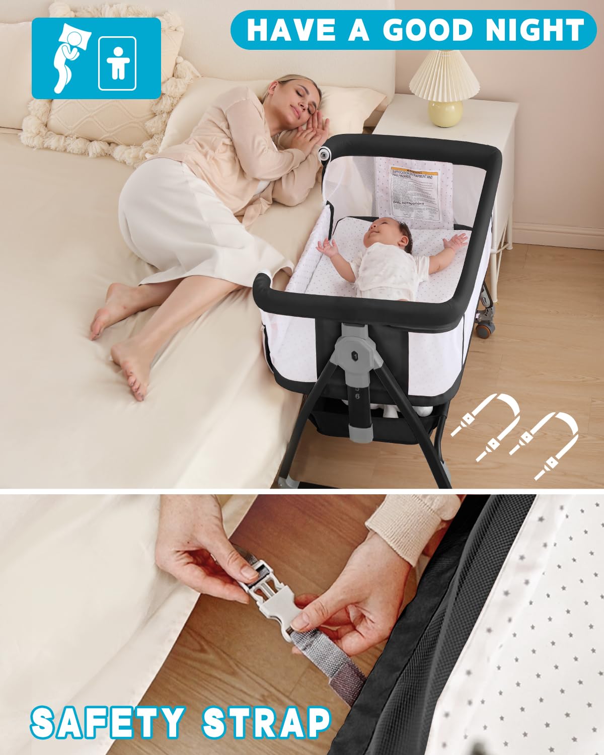 wayfong 3 in 1 Baby Bassinet Crib with Breathable Mesh, Bassinet Bedside Sleeper with Wheels, Mosquito Net, Storage Basket, 6 Height Adjustable, Easy to Assemble, Bassinets for Newborn Baby