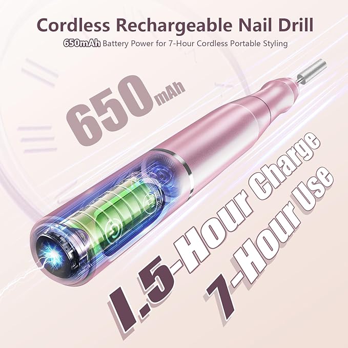 Cordless Nail Drill Electric Rechargeable File Kit, Professional Efile Acrylic Gel Nail Polish Remover Pedicure Manicure Machine Portable Set with 11 Bits 56 Sanding Bands (Pink)