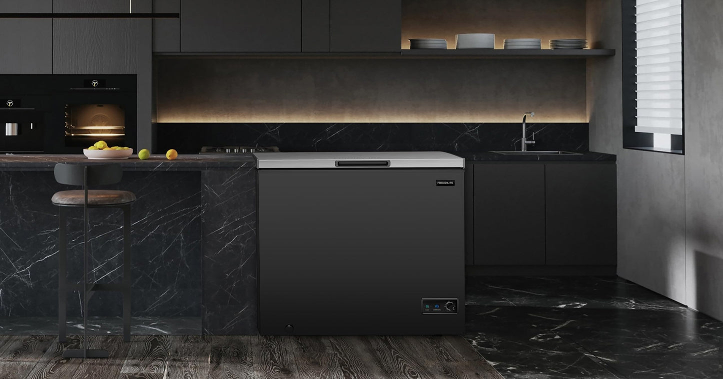 FRIGIDAIRE Chest Deep Freezer, 7 Cu. Ft, Black Adjustable Thermostat-Removable Vinyl Coated Wire Basket-Easy Defrost Drain, Eye-Catching Stainless Steel Top Door- Garage Ready