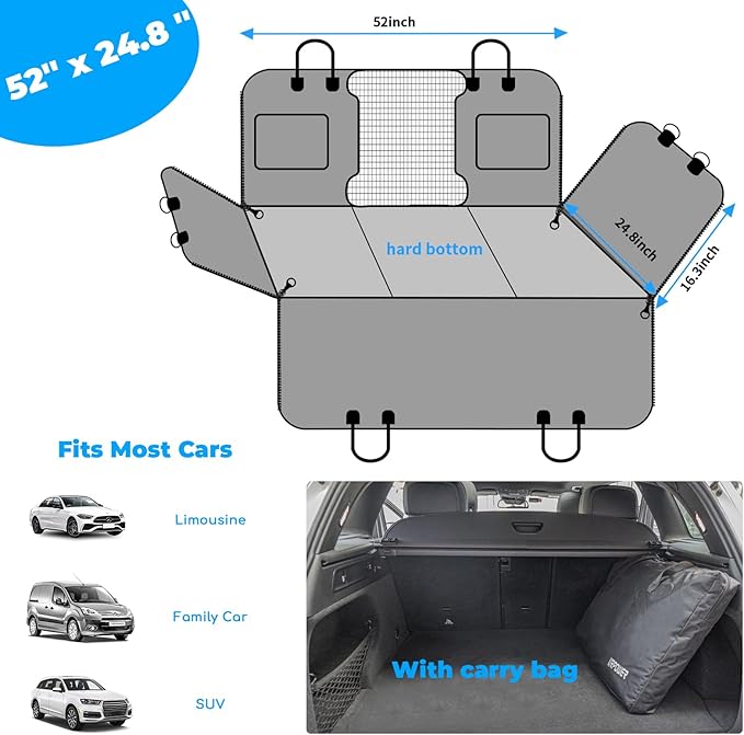 URPOWER Dogs Back Seat Extender with Non-Slip Blanket - Hard Bottom Dog Car Seat Cover & Removable Dog Bed Mat, Waterproof Dogs Hammock for Car, SUV, Pet Backseat Protector Holds 550lbs