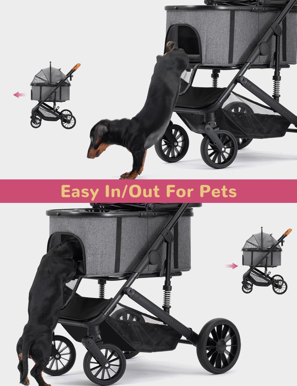 SUNTHX Dog Stroller for Small Medium Dogs Up to 60lbs, 4 Wheels Folding Pet Stroller with Detachable Carrier, Pet Travel Carrier for 2 Dogs & Cats, Storage Basket, Breathable, Grey