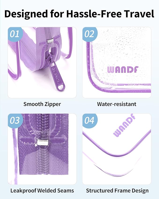 WANDF TSA Approved Toiletry Bag, 2 Packs Travel Clear Toiletry Bag, Quart Size Makeup Cosmetic Pouch with Zipper, Carry-On Airport Compliant Bag for Women and Men (2pcs Purple)