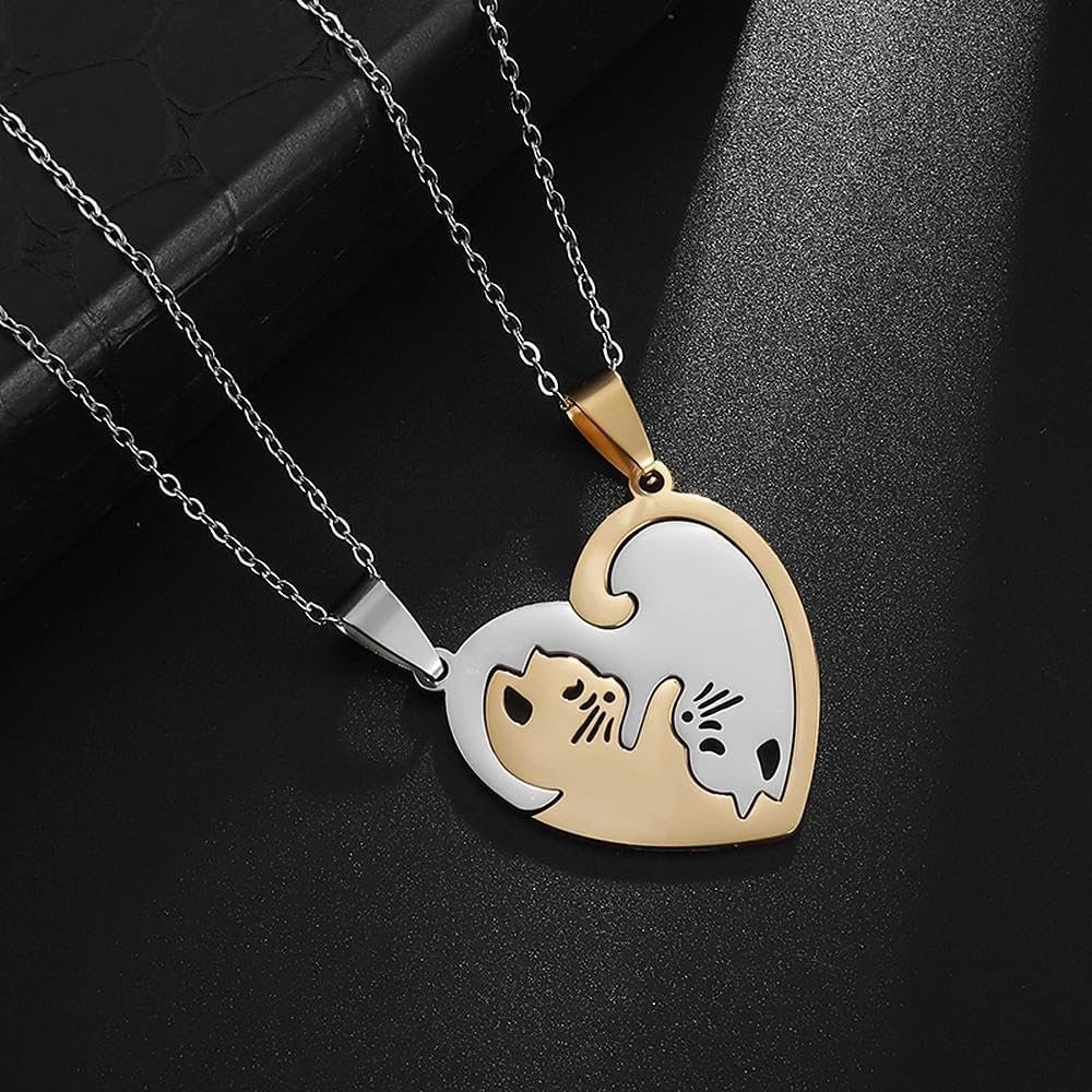 Cat Matching Necklaces, heart cat necklace,friendship necklace,couple necklaces, stainless steel necklace,bff necklace, birthday present, anniversary, Christmas Gift