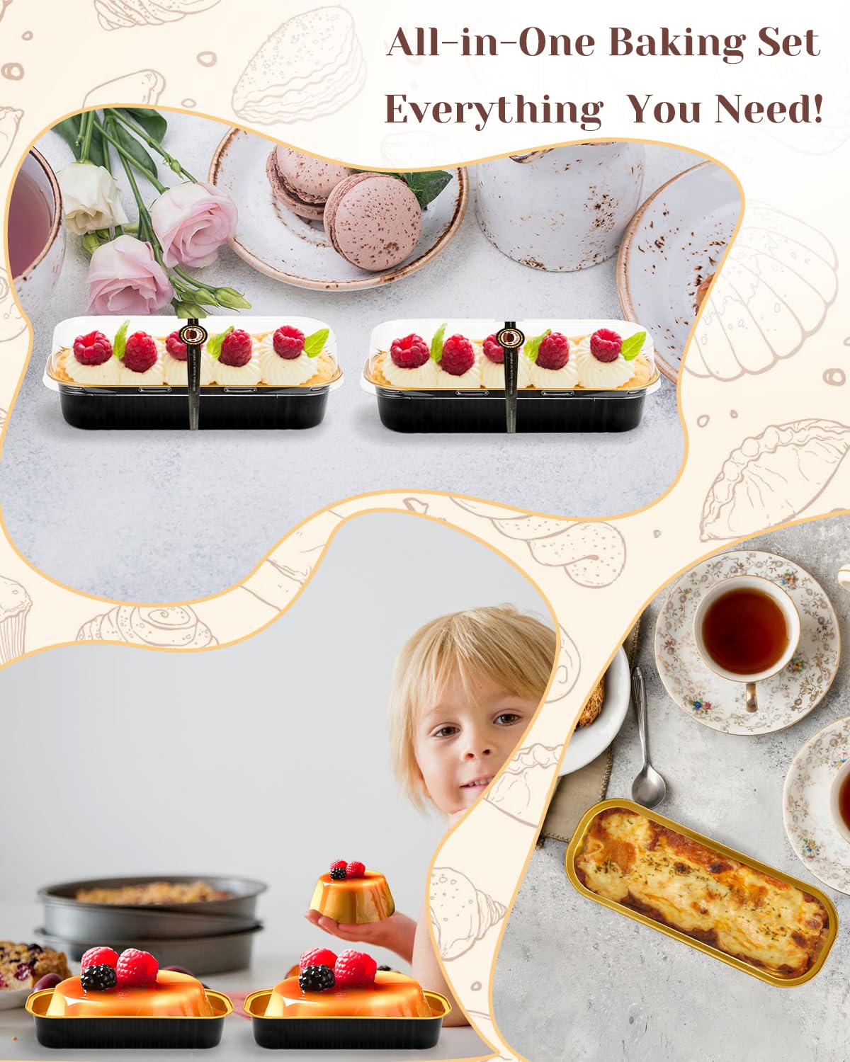 YQER 100 Pack Mini Loaf Pans with Lids, Spoons & Stickers – Disposable Aluminum Foil Baking Cake Containers for Oven, Air Fryer & Freezer – Ideal for Cakes, Bread, Pudding, Parties & Gifting, Black
