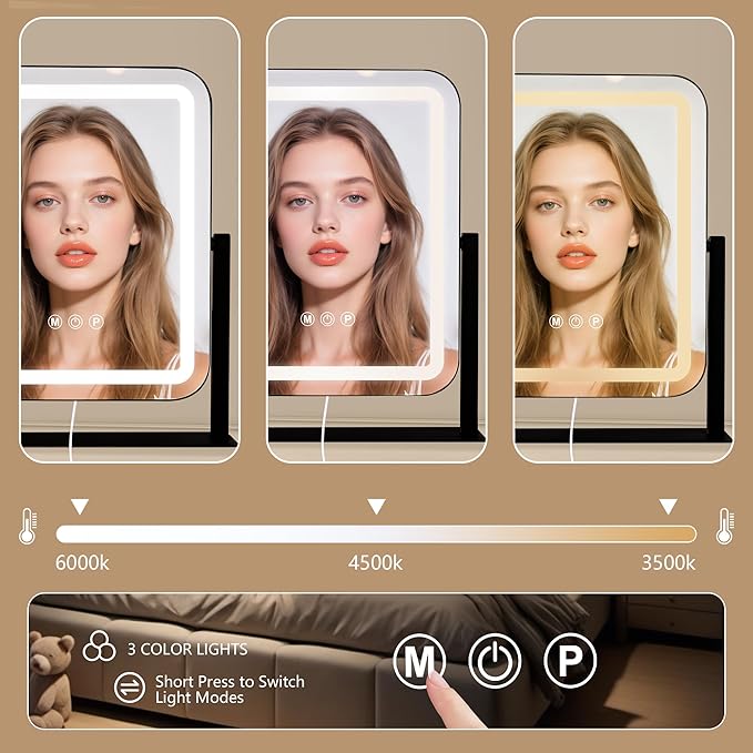Black Vanity Mirror with Lights 15"×13", Led Makeup Mirror, Lighted Makeup Mirror with 3 Color Dimmable Lights, Smart Touch Screen Control, 360°Rotation