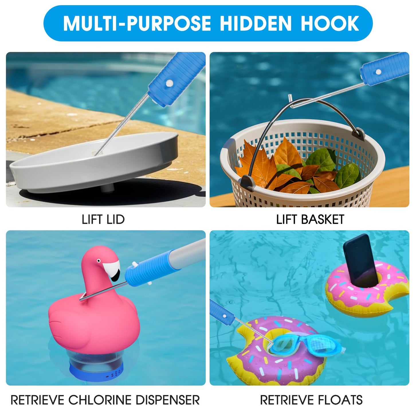 TidyMister Pool Brush Set - 20’’ 2-in-1 Detachable Round Brush with Extra Side Brush for Cleaning Hard-to-Reach Corners, 9 FT Aluminum Extended Pool Pole with Hidden Hook Retriever