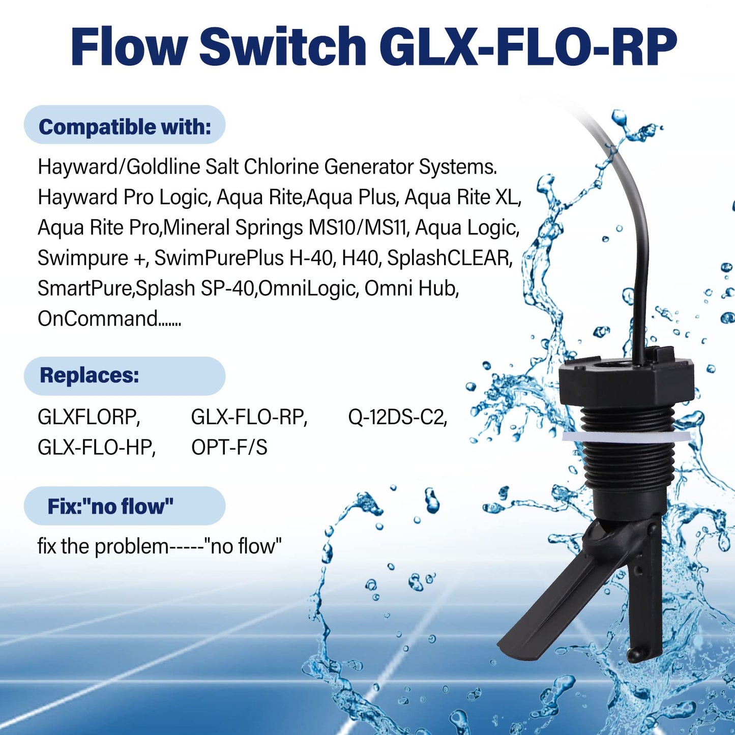 Glx-Flo-Rp Flow Switch for Hayward Goldline Aquarite Salt Systems, Pool Flow Sensor Suitable Hayward Salt Cell & Chlorine Generator, Flow Switch for Aqua Rite Swimming Pool Salt Cell with 15 Ft Cable
