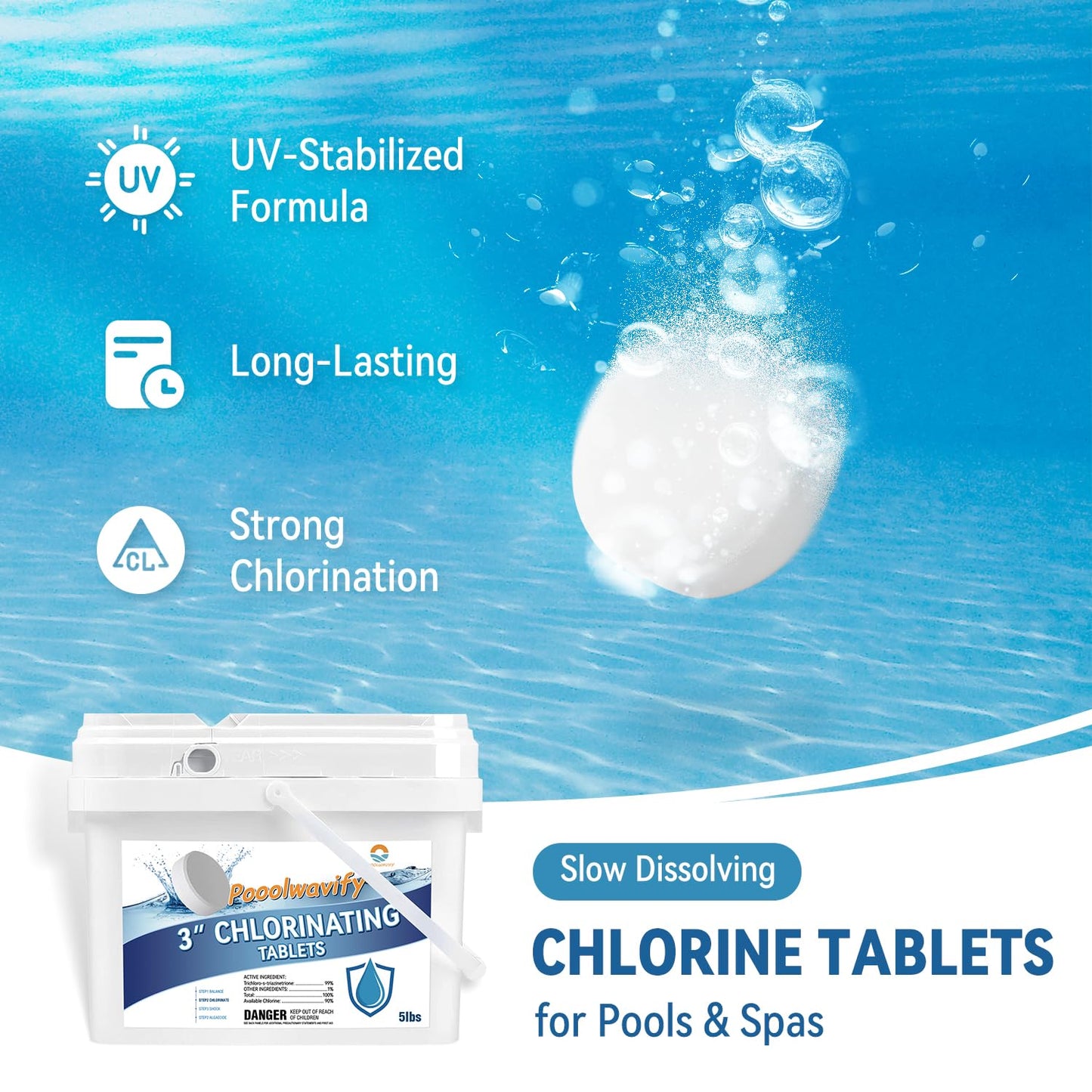 3 Inch Chlorine Tablets for Swimming Pools & Spas | 90% Available Chlorine Trichlor Pool Tablets | Long-Lasting Slow Dissolving Sanitizer for Clean & Clear Water (3inch-5Lbs)