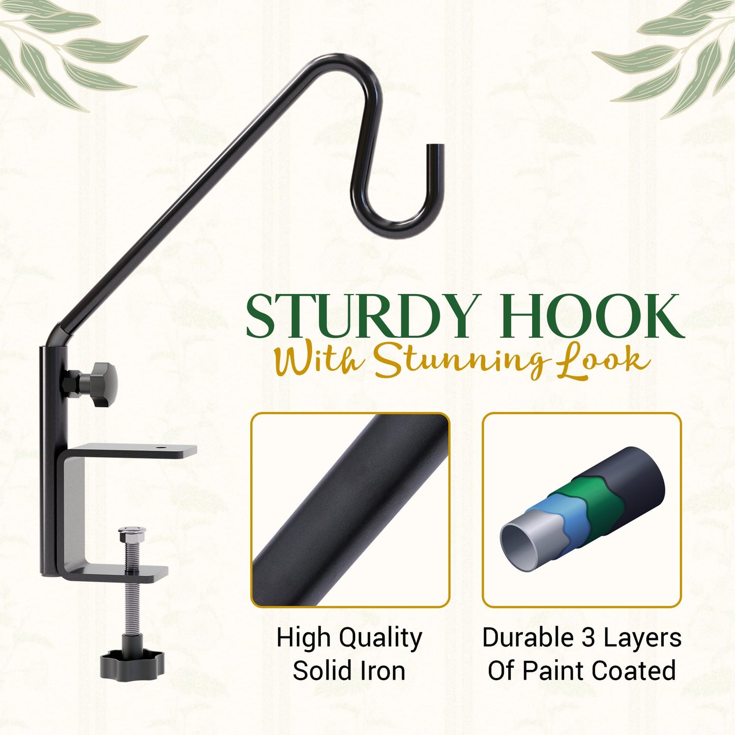 Idzo Deck Bird Feeder Hanger for Railing, 11inch Deck Hook for Bird Feeder Pole, Durable 3 Layers Powder Coated & Sturdy 1 Piece Solid Steel Construction for Hanging Decorations