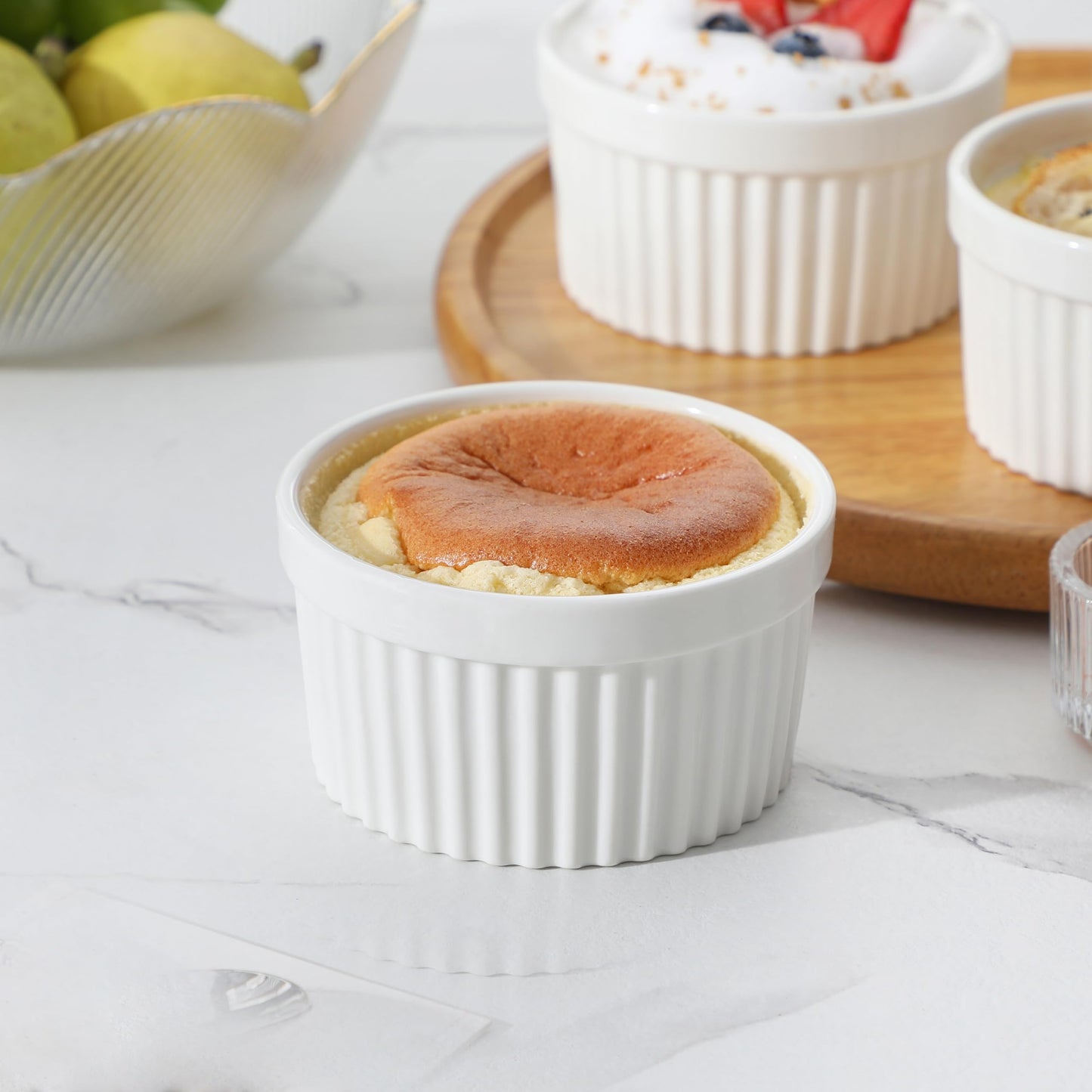 MALACASA Ramekins 8 oz Oven Safe, Porcelain Creme Brulee Ramekins Pudding Custard Cups Ceramic Souffle Dishes Ramakan Ramiken Ramicans Baking Bowls Set of 6, White, Series RAMEKIN-DISH