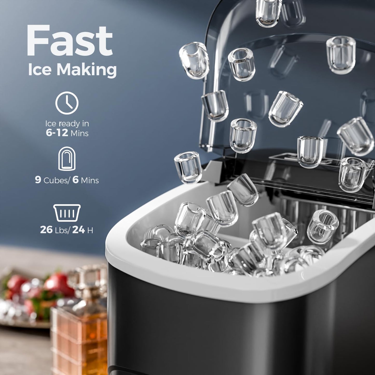 Ice Makers Countertop,9 Cubes in 6 Mins,2 Sizes of Bullet Ice,Portable Ice Maker Machine with Handle,26.5Lbs/24H,Self-Cleaning for Home Use(Black)