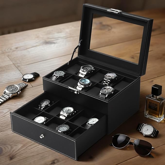 Watch Case for Men, 20-Slot 2-Layer Watch Box with Large Glass Lid, Watch Storage Organizer with Removable Watch Pillows, Men's Jewelry Box with Lock, Watch Holder Display Case, Gift for Men Women