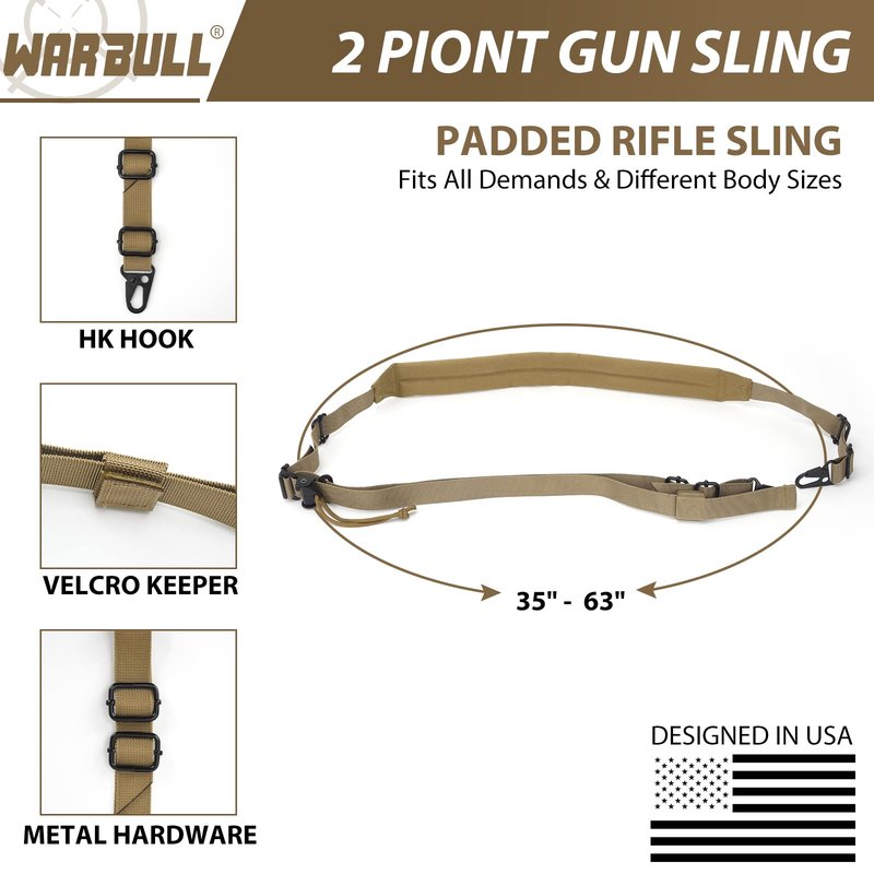 WarBull Padded 2 Point Rifle Sling, Tactical Gun Sling with HK Hook, for Rifle, Shotgun, and Crossbow, Padded Sling for Hunting Shooting and Hiking Camping Climbing with Keychain Gift (Coyote Brown)