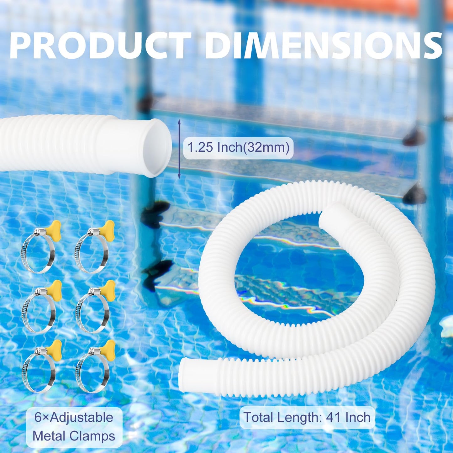 JEKIVEY Pool Hose for Above Ground Pools, 3 Packs 1.25" Diameter Pool Pump Replacement Hose 41 Inches Length Swimming Pool Hose with 6 Pcs Hose Clamps