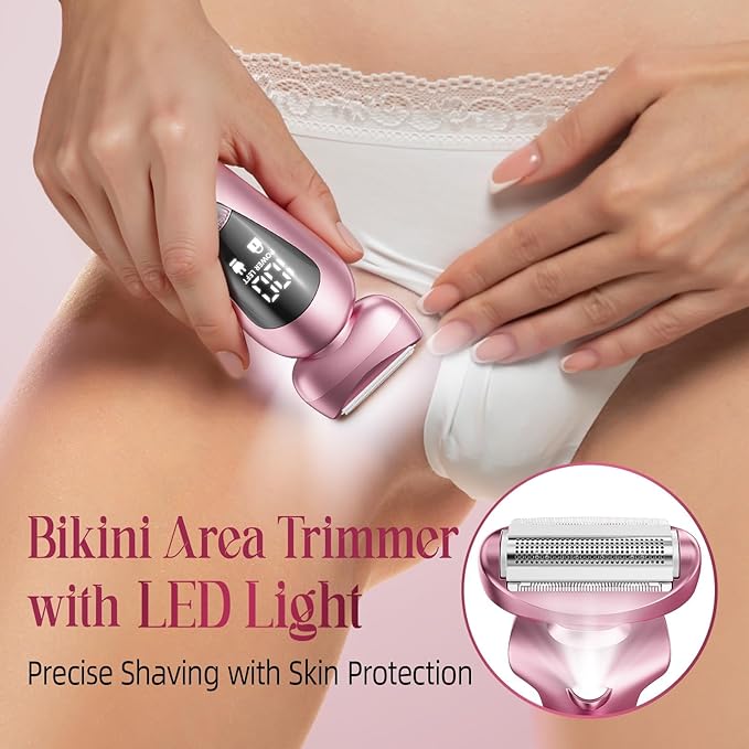 Cordless Electric Razors for Women: Rechargeable Painless Bikini Trimmer for Body Hair - IPX7 Waterproof Shaver with LED Display for Face/Underarm/Leg Light Pink Upgraded