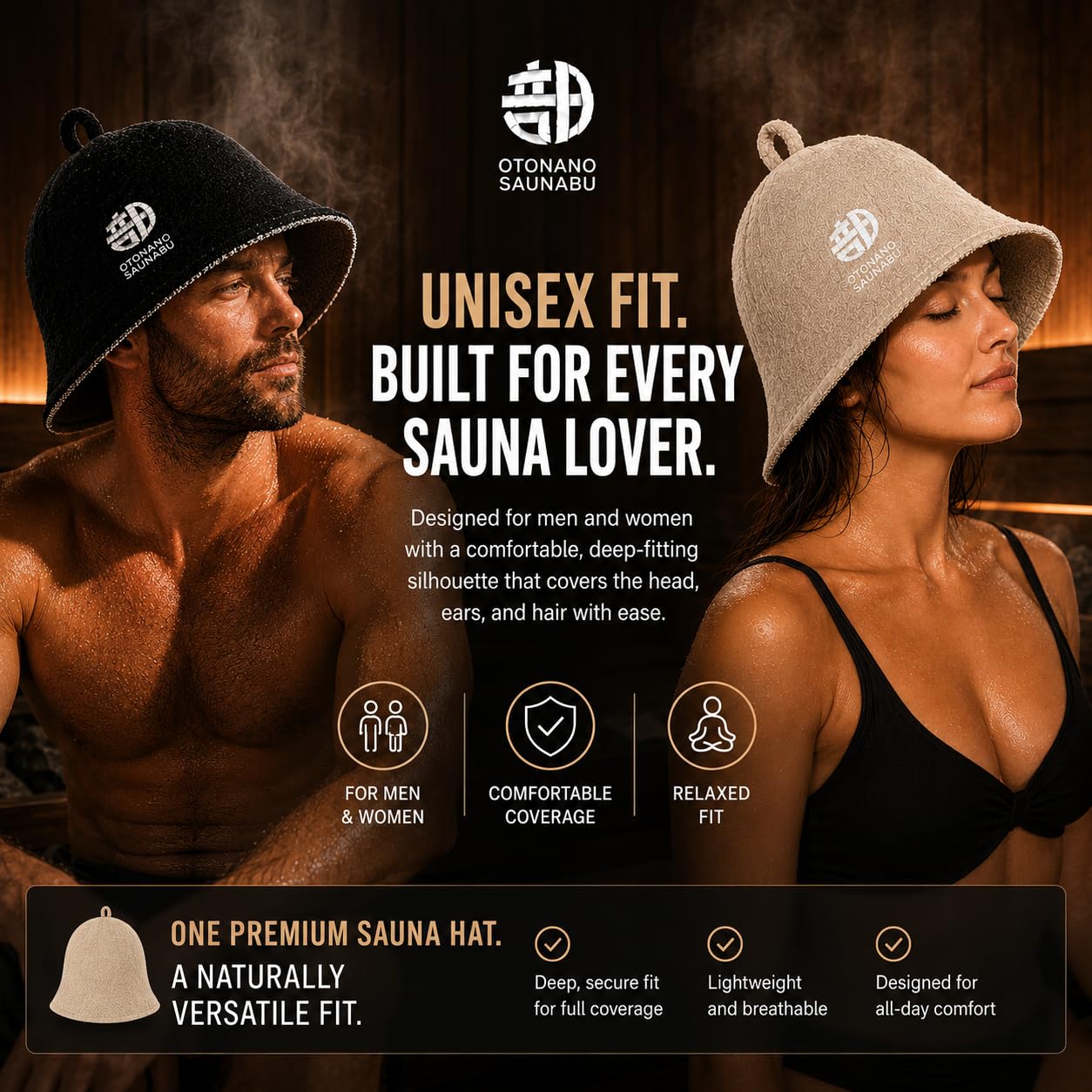 OTONANOSAUNABU Black Sauna Hat – Japanese Design, 100% Wool Felt,Double-Layer Reversible Sauna Cap for Men & Women,Heat Protection Finnish Banya Hat