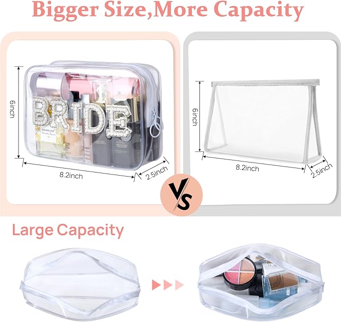 Etercycle Bride Clear Makeup Bag, Bridal Shower Gifts Engagement Cosmetic Bag, Bling Pearl Rhinestone Letter Patches Waterproof PVC Travel Organizer for Women Wedding Bachelorette Party(Silver)