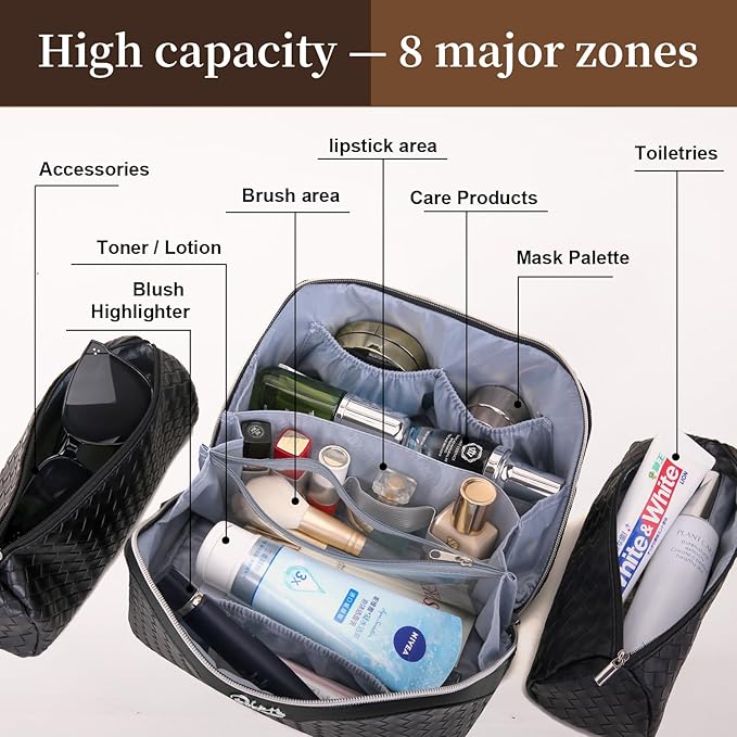 BOYATU Travel Makeup Bag Cosmetic Bags for Women: Large Capacity 3 Pcs Set Make up Bag with Compartments - Waterproof Vegan Leather Toiletry Organizer Bags with Handle (L03 Black)