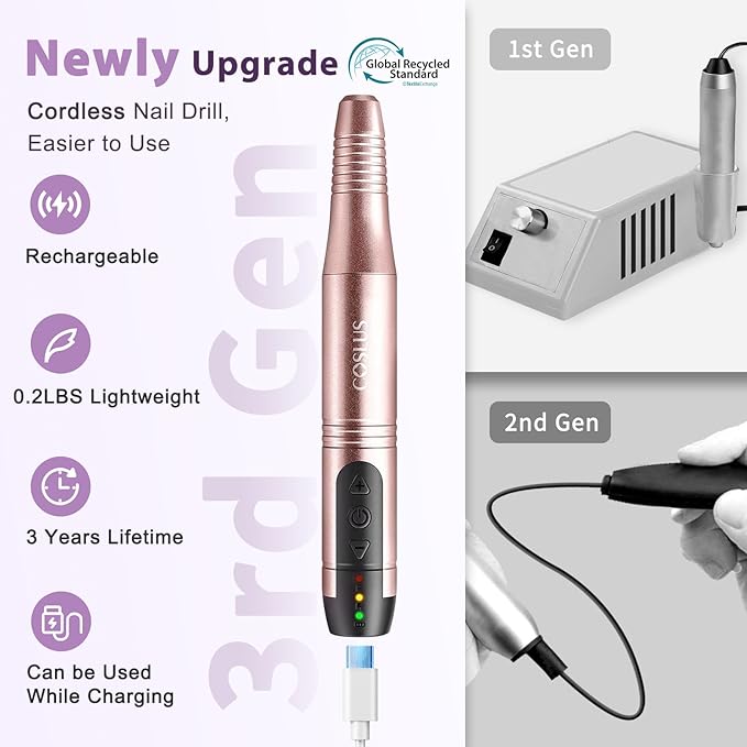 COSLUS C20 Cordless Nail Drill Electric File: Professional for Acrylic Gel Dip Powder Nails Portable Nail Drill Machine Kit for Manicure Pedicure Nail Set with Everything Rechargeable Lightweight