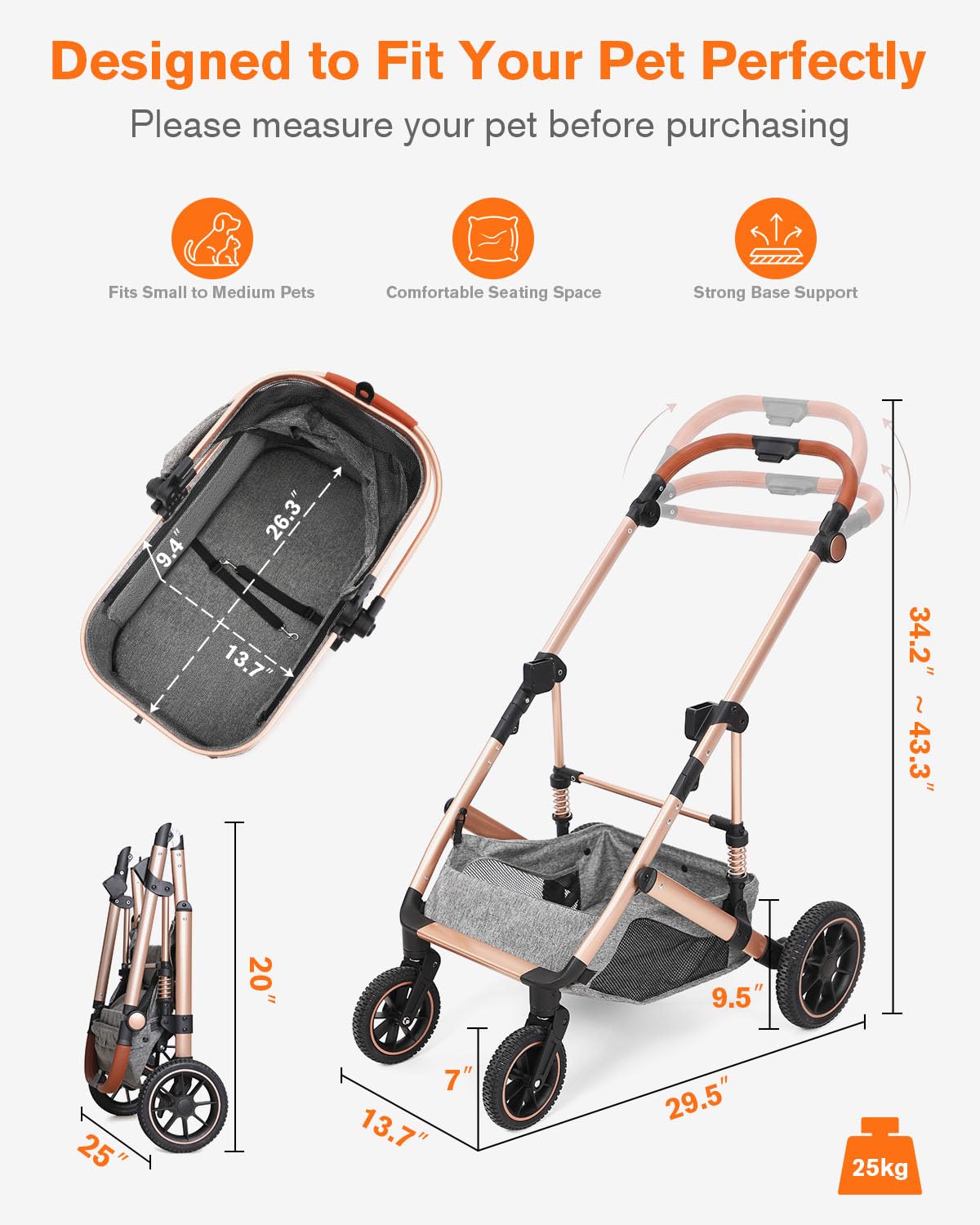 HOVONO Dog Stroller with Detachable Carriers, 3-in-1 Pet Stroller for Two Small to Medium Pets, Lightweight Aluminum Alloy Frame with 4-Wheel Suspension, Foldable Dog & Cat Stroller up to 60 lbs