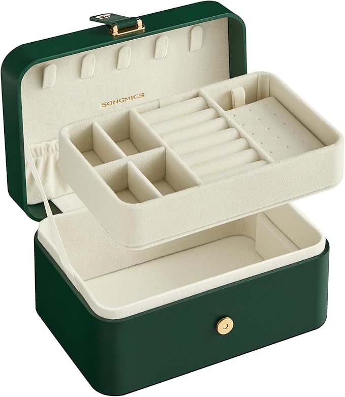 SONGMICS Jewelry Organizer Box, Travel Jewelry Case, 2-Layer Travel Case for Earrings, Necklaces, Bracelets - Portable Jewelry Storage with Large Capacity, Gift Idea, Forest Green UJBC166C01