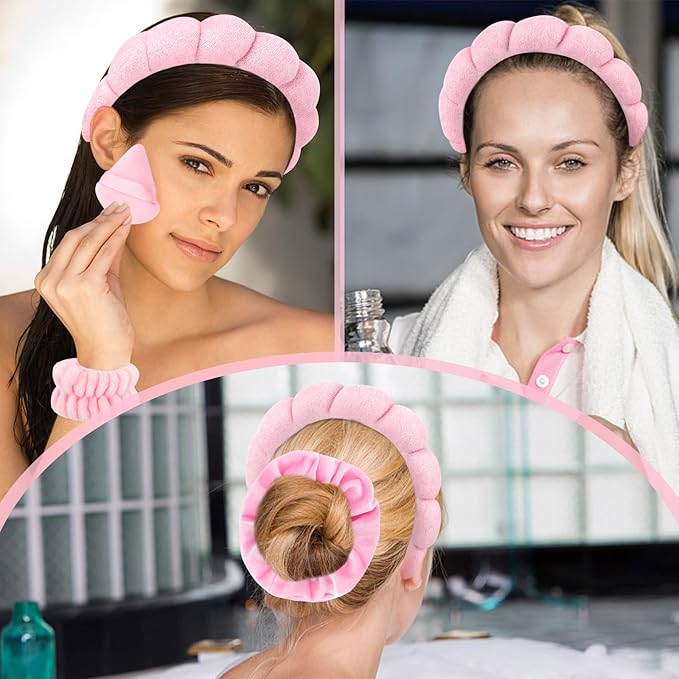 Spa Headband Set, 7Pcs Puffy Terry Cloth Headband and Wristband for Skincare, Makeup, Yoga, Shower, Spa Party, Sleepover Party, Pink