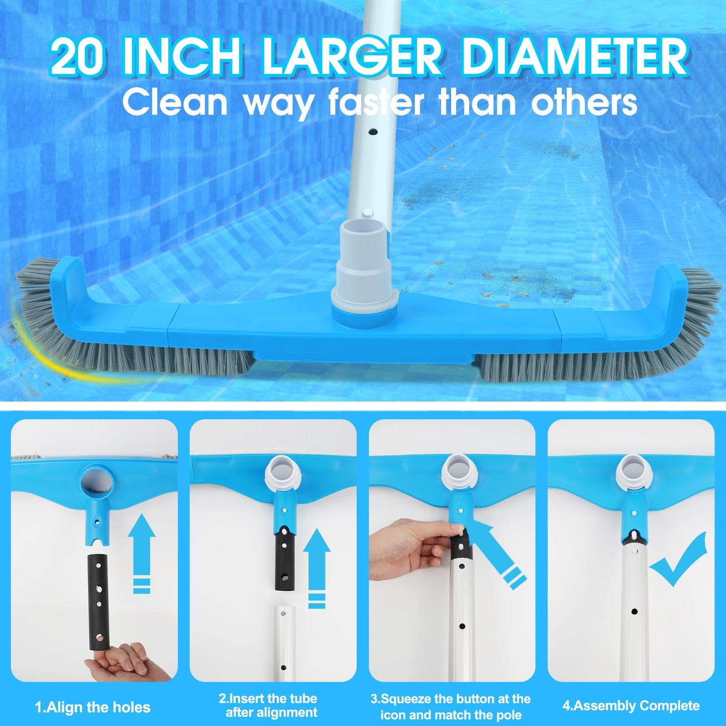 (2026 Upgraded) 20" 2 in 1 Pool Brush Vacuum Head with Swivel Hose Connection & Sturdy Nylon Bristles for Heavy Duty Inground & Above- Ground Pool Cleaning - Connecting 1-1/4" or 1-1/2" Hose (No Pole)