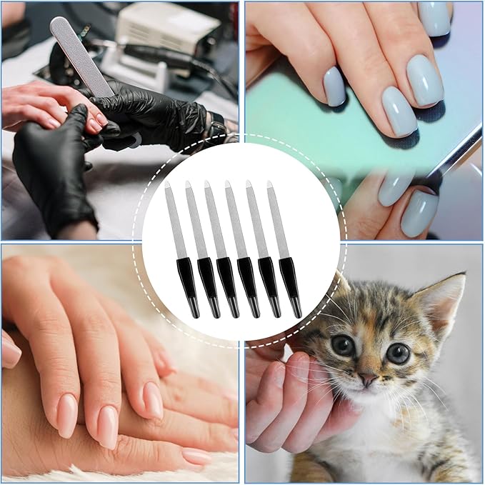 Metal Nail Files Made of Stainless Steel with Sharp Pointed Tip Non Slip Handle, Double Sided Sapphire Grit for Natural Nails Fingernails Toenail limas de uÃÂ±as metÃÂ¡licas Color Black (6 Pcs)