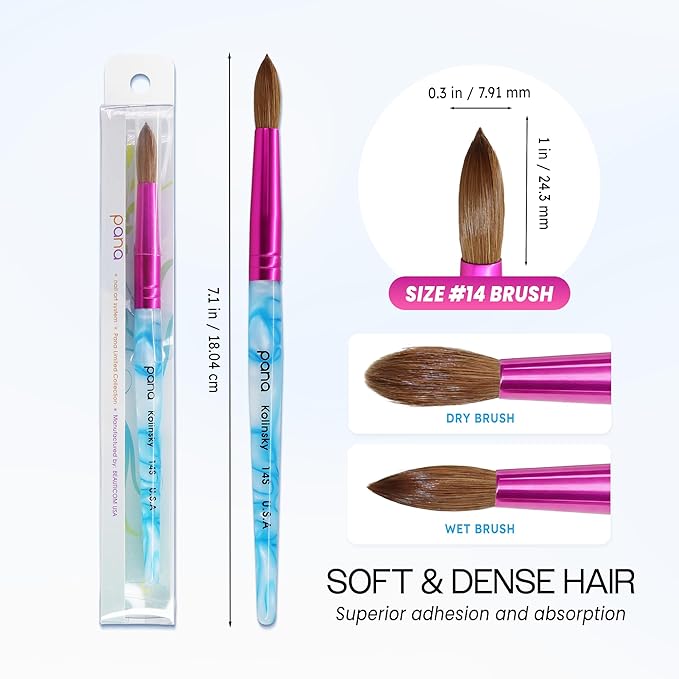 PANA Pure Kolinsky Hair Acrylic Nail Brush - Round Shape Pink Ferrule with White Swirl Blue Handle (Size 14)